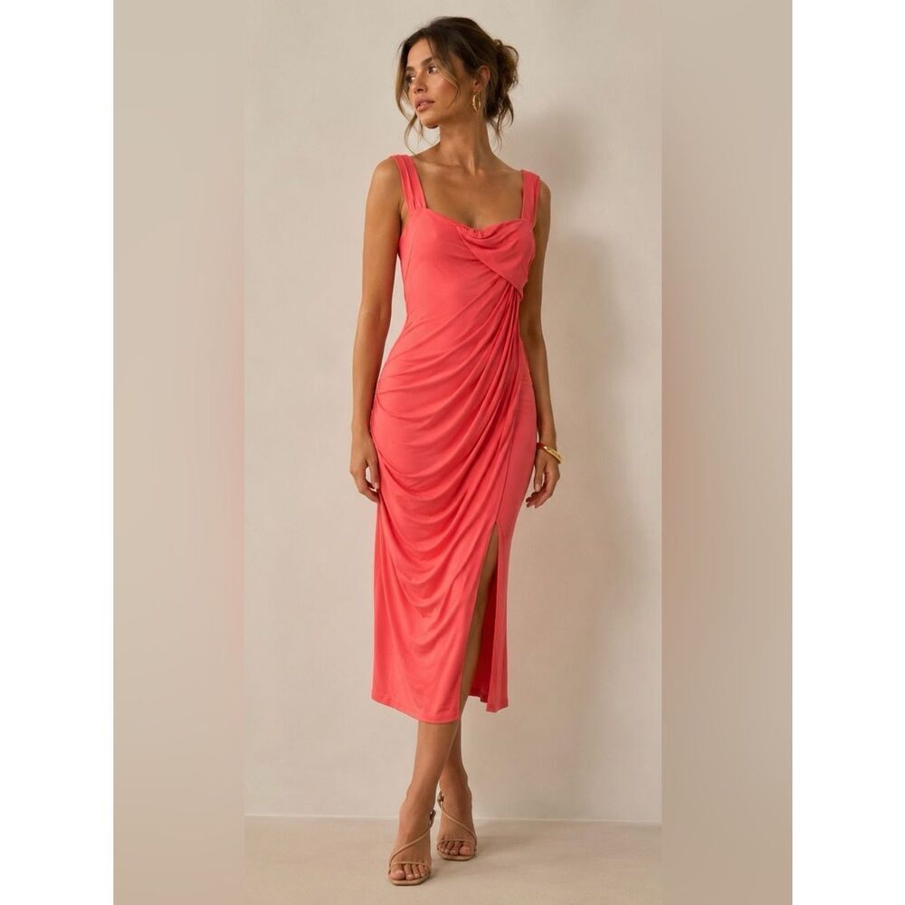 Halston Heritage Coral Ruched Bodycon Midi Dress Sz M Cocktail Glam Bachlorette